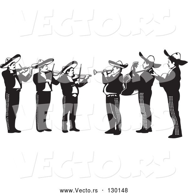 Vector of Mariachi Band of Men Playing Violins, Trumpets and Guitars in Mexico