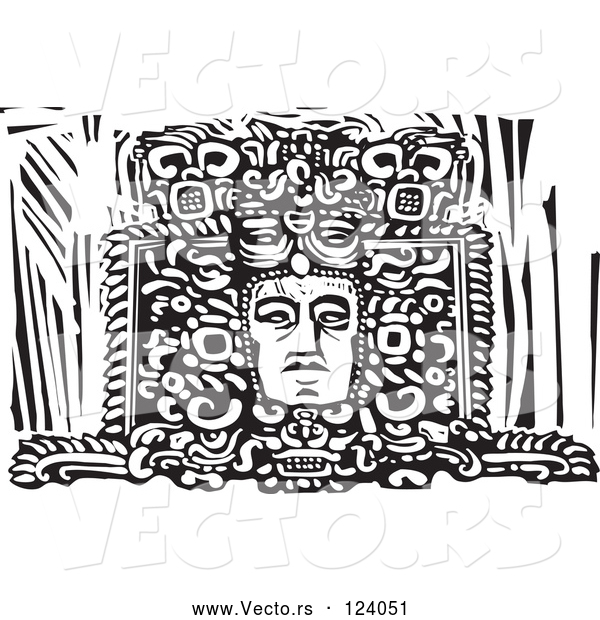Vector of Mayan Face Carved in a Statue Black and White Woodcut