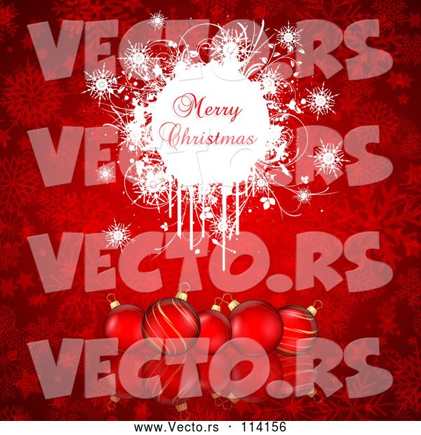 Vector of Merry Christmas Greeting on White Grunge over Red Baubles and Snowflakes