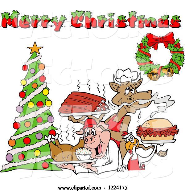 Vector of Merry Christmas Greeting over a Cow Holding Ribs, Chicken Carrying a Pulled Pork Sandwich and Pig Carrying a Roasted Chicken