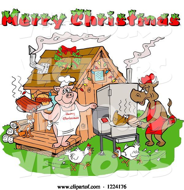 Vector of Merry Christmas Greeting over Chickens a Cow and Pig Using a Smoker at a Bbq Shack