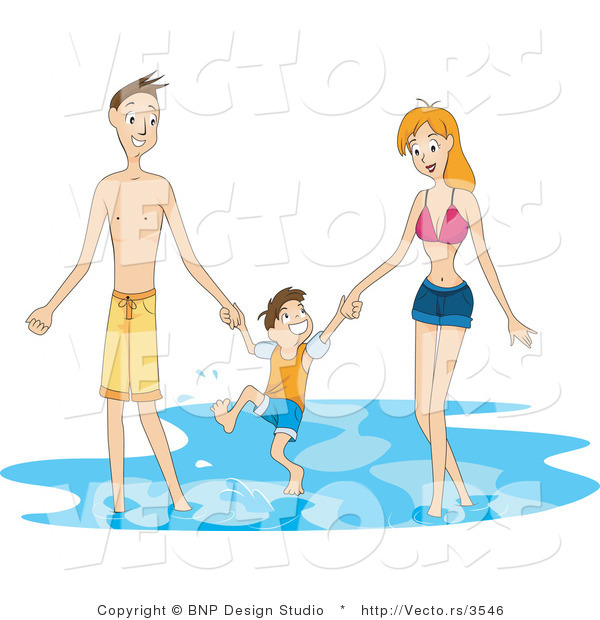 Vector of Mom, Dad and Son Playing in the Ocean Water