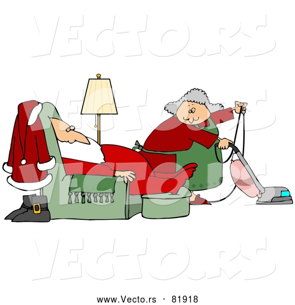 Vector of Mrs. Claus Vacuuming Around Tired Santa