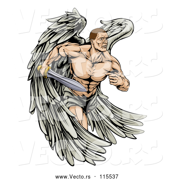 Vector of Muscular Cartoon Warrior Angel Running with a Sword