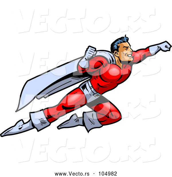 Vector of Muscular Male Super Hero Flying to the Rescue
