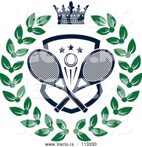 Vector of Navy Blue Crown over a Tennis Ball and Racket Shield in a Green Wreath