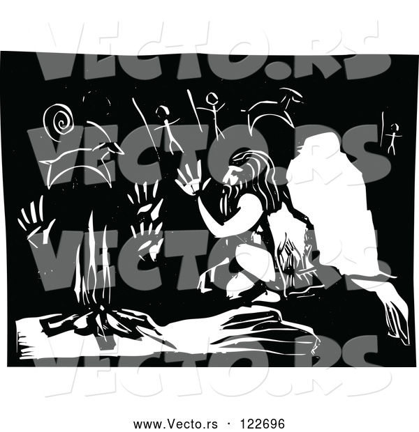Vector of Neanderthal Warming up by a Fire in a Cave with Drawings Black and White Woodcut