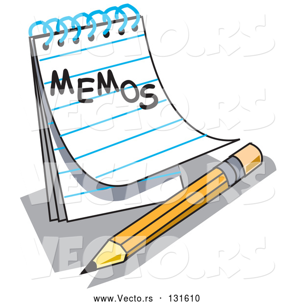 Vector of Notepad with Lined Pages with "Memos" Written on the Front, Resting by a Yellow Number Two Pencil with an Eraser