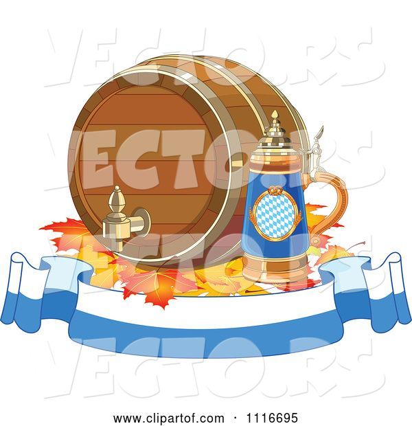 Vector of Oktoberfest Beer Keg and Stein with Autumn Leaves on a Banner