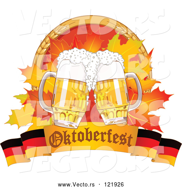 Vector of Oktoberfest Beer Mugs and Autumn Leaves with Wheat over a German Banner