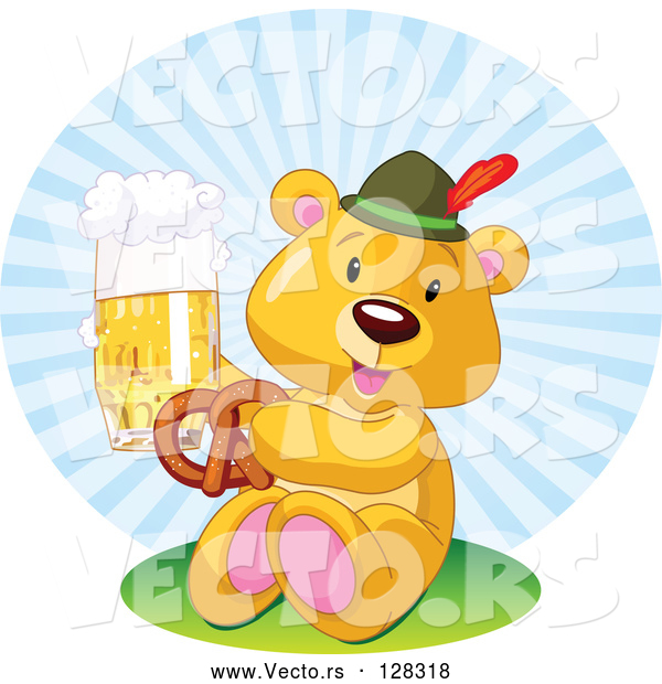 Vector of Oktoberfest Teddy Bear Eating a Pretzel and Drinking Beer