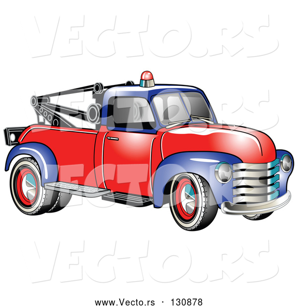 Vector of Old Blue Red 1953 Chevy Tow Truck with a Light on Top of the Roof