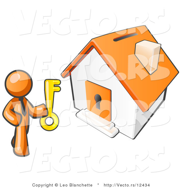 Vector of Orange Business Guy Holding a Skeleton Key and Standing in Front of a House with a Coin Slot and Keyhole