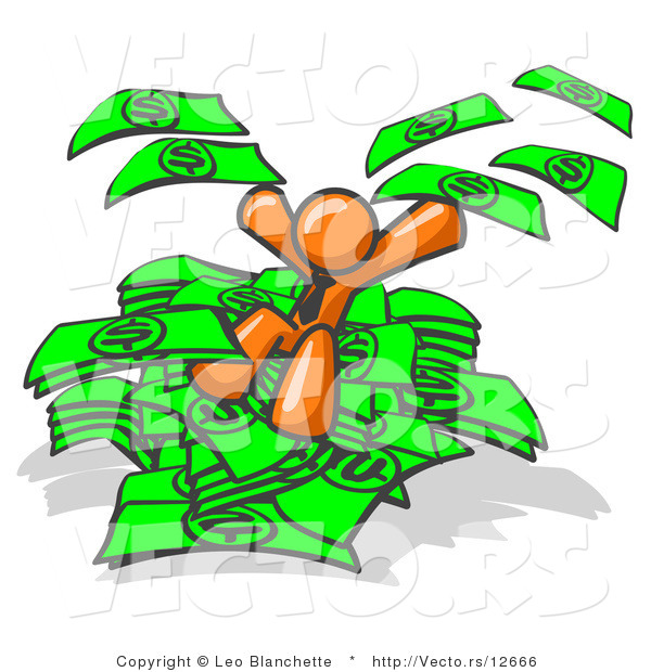 Vector of Orange Business Guy Jumping in a Pile of Money and Throwing Cash into the Air