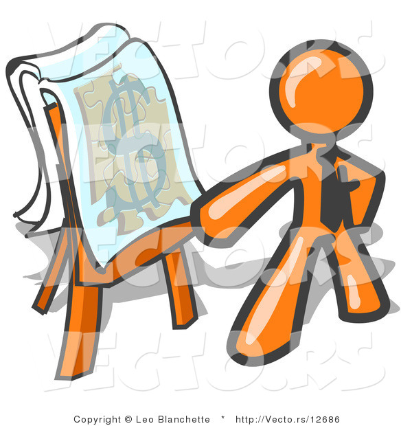 Vector of Orange Business Guy Standing by a Dollar Sign Puzzle on a Presentation Board During a Meeting