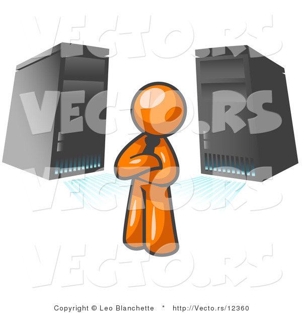 Vector of Orange Business Guy Standing in Front of Servers
