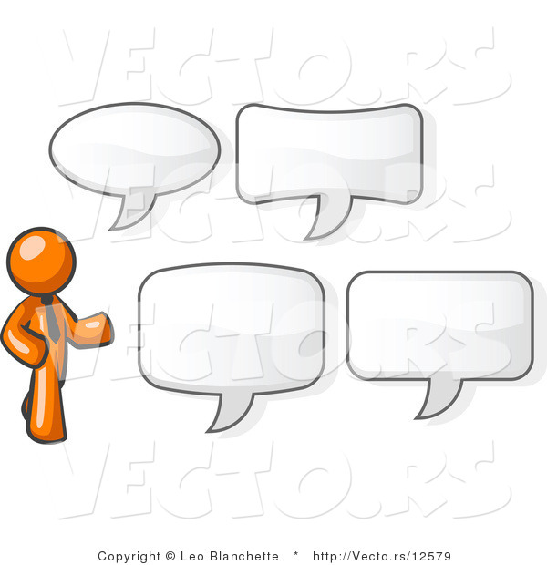 Vector of Orange Business Guy with Four Different Word Bubbles