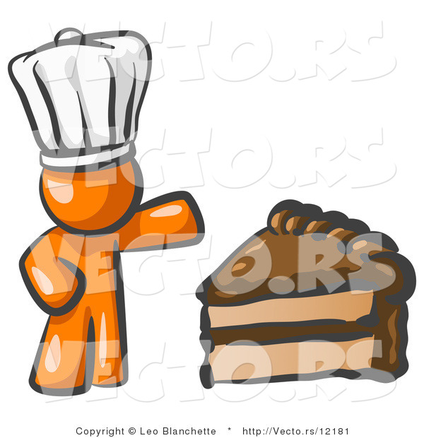 Vector of Orange Chef Guy Wearing a White Hat and Presenting a Tasty Slice of Chocolate Cake