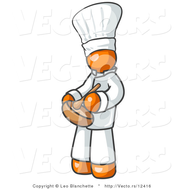 Vector of Orange Chef in Uniform and Chef's Hat, Stirring Ingredients in a Bowl