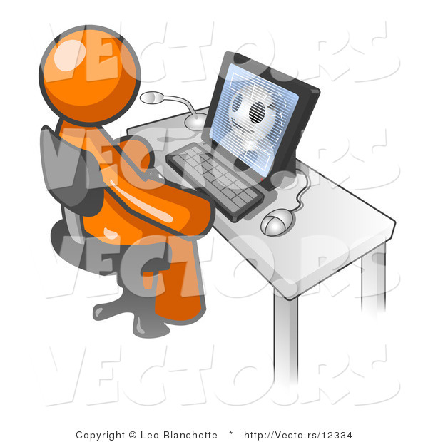 Vector of Orange Doctor Guy Sitting at a Computer and Viewing an Xray of a Head