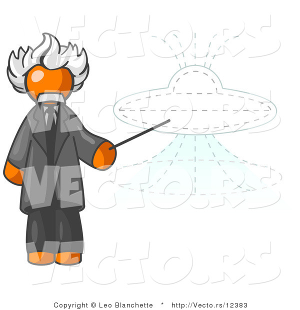 Vector of Orange Einstein Guy Pointing a Stick at a Presentation of a Flying Saucer