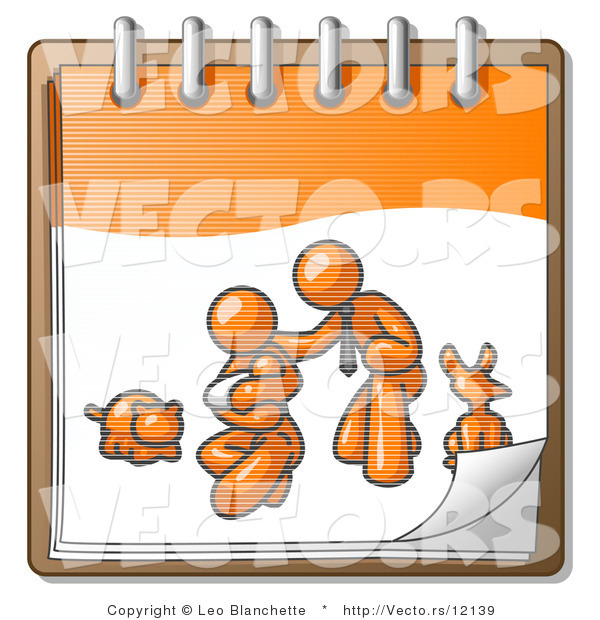 Vector of Orange Family Showing a Guy Kneeling Beside His Wife and Newborn Baby with Their Dog and Cat on a Notebook, Symbolizing Family Planning