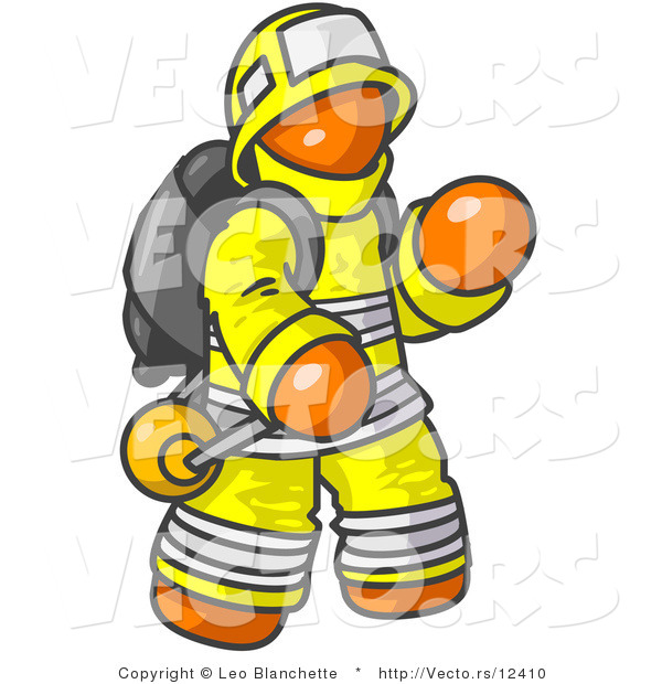 Vector of Orange Firefighter in a Uniform, Fighting a Fire