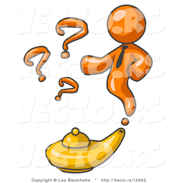 Vector of Orange Genie Guy Emerging from a Golden Lamp with Question Marks