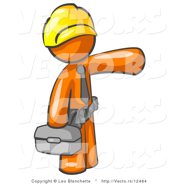 Vector of Orange Guy, a Construction Worker, Handyman or Electrician, Wearing a Yellow Hardhat and Tool Belt and Carrying a Metal Toolbox While Pointing to the Right