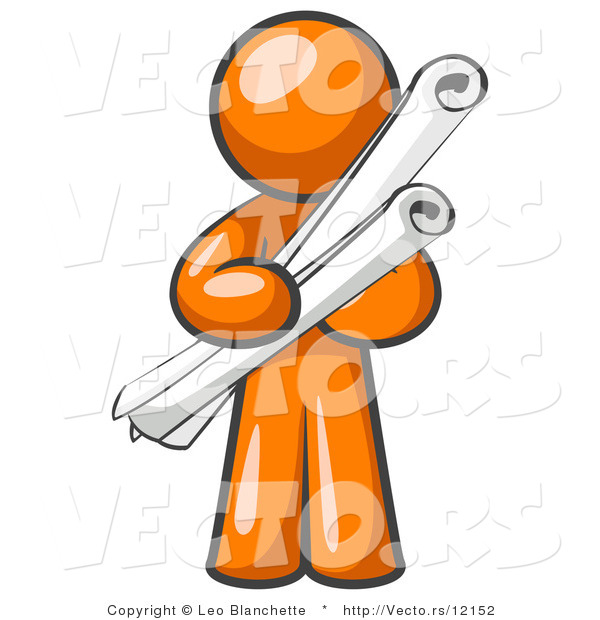 Vector of Orange Guy Architect Carrying Rolled Blue Prints and Plans