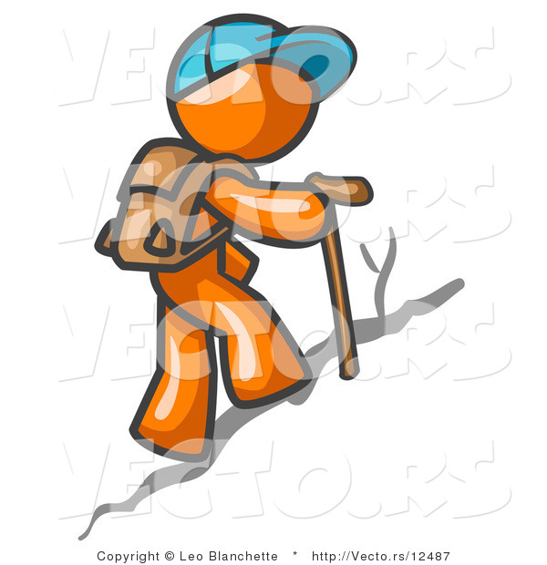 Vector of Orange Guy Backpacking and Hiking Uphill