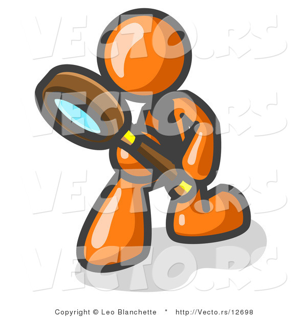 Vector of Orange Guy Bending over to Inspect Something Through a Magnifying Glass