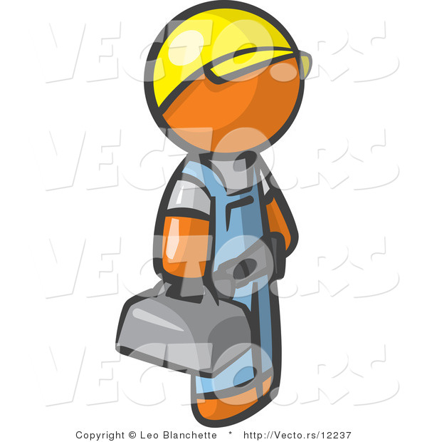 Vector of Orange Guy Blue Collar Worker Wearing a Hardhat and Carrying a Tool Box