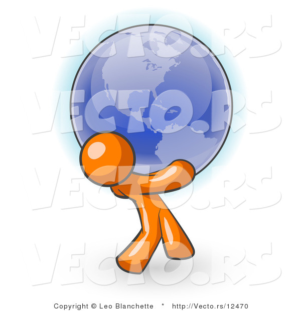 Vector of Orange Guy Carrying the Blue Planet Earth on His Shoulders, Symbolizing Ecology and Going Green