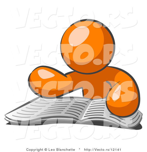 Vector of Orange Guy Character Seated and Reading the Daily Newspaper to Brush up on Current Events