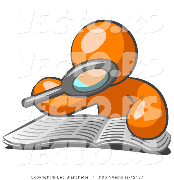 Vector of Orange Guy Character Using a Magnifying Glass to Examine the Facts in the Daily Newspaper