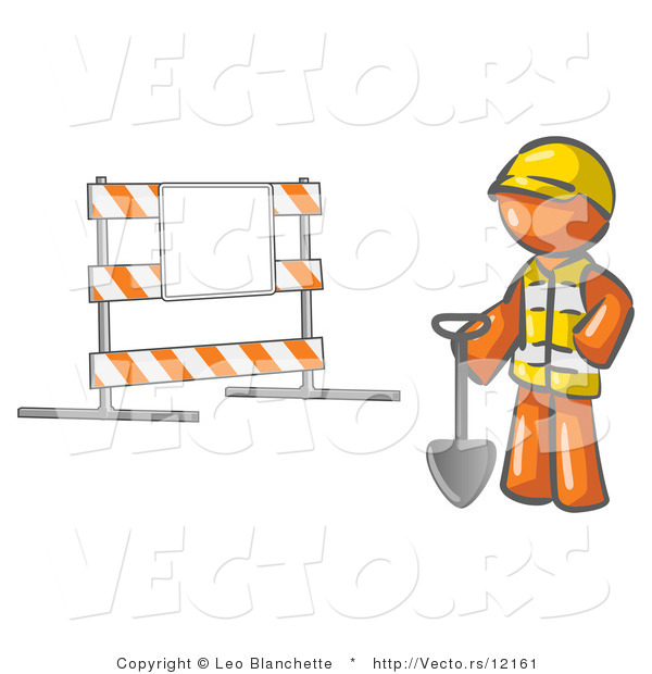 Vector of Orange Guy Construction Worker in a Yellow Vest and Hardhat, Holding a Shovel and Standing by a Road Block Sign