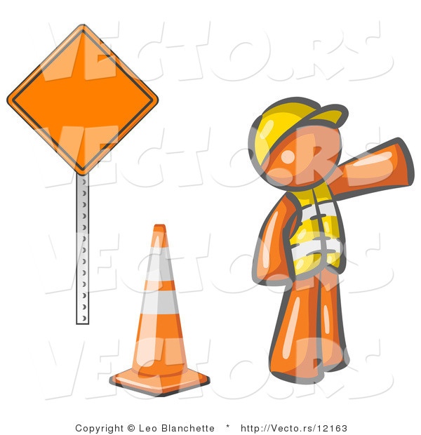 Vector of Orange Guy Construction Worker Wearing a Vest and Hardhat, Pointing While Standing by a Cone and Sign at a Road Work Site