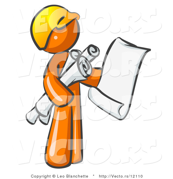 Vector of Orange Guy Contractor or Architect Holding Rolled Blueprints and Designs and Wearing a Hardhat