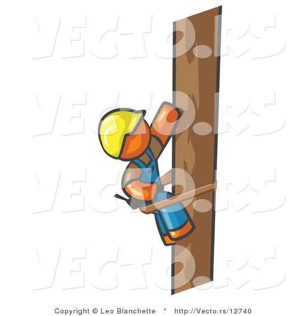 Vector of Orange Guy Design Masccot Worker Climbing a Phone Pole
