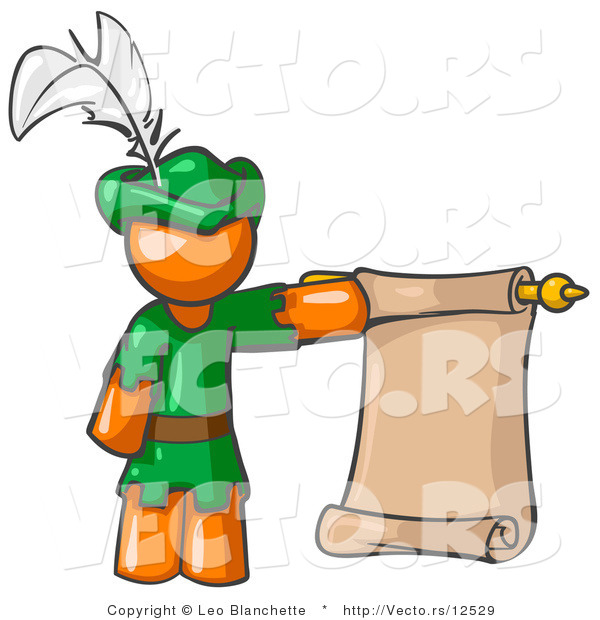Vector of Orange Guy Dressed As Robin Hood with a Feather in His Hat, Holding a Blank Scroll and Acting As a Pageboy