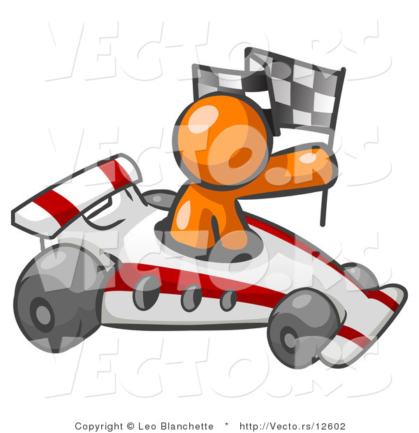Vector of Orange Guy Driving Fast Race Car While Holding Checkered Flag