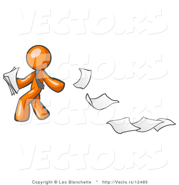 Vector of Orange Guy Dropping White Sheets of Paper on a Ground and Leaving a Paper Trail, Symbolizing Waste