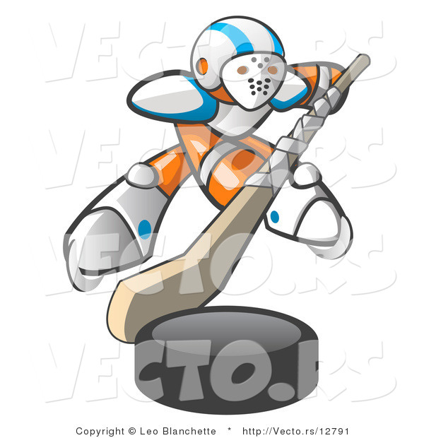 Vector of Orange Guy Hockey Player with Puck and Stick
