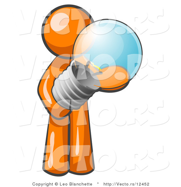 Vector of Orange Guy Holding a Glass Electric Lightbulb, Symbolizing Utilities or Ideas