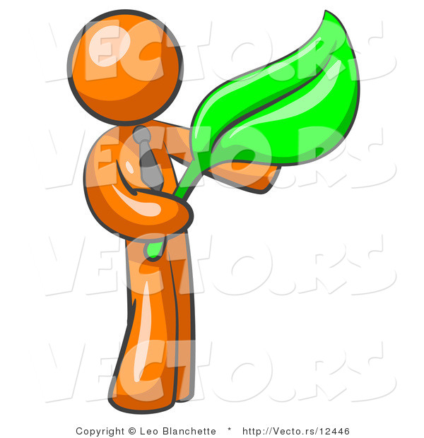 Vector of Orange Guy Holding a Green Leaf, Symbolizing Gardening, Landscaping or Organic Products