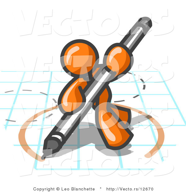 Vector of Orange Guy Holding a Pencil and Drawing a Circle on a Blueprint