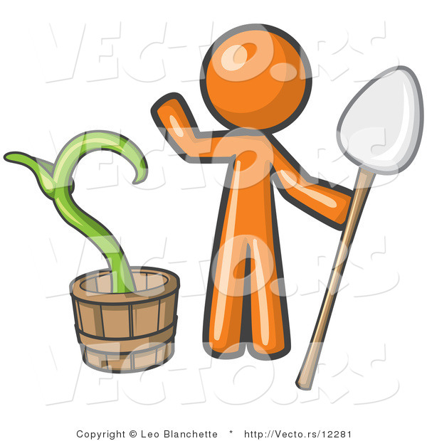 Vector of Orange Guy Holding a Shovel by a Potted Plant