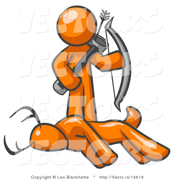 Vector of Orange Guy Holding Bow and Arrow over a Dead Buck Deer