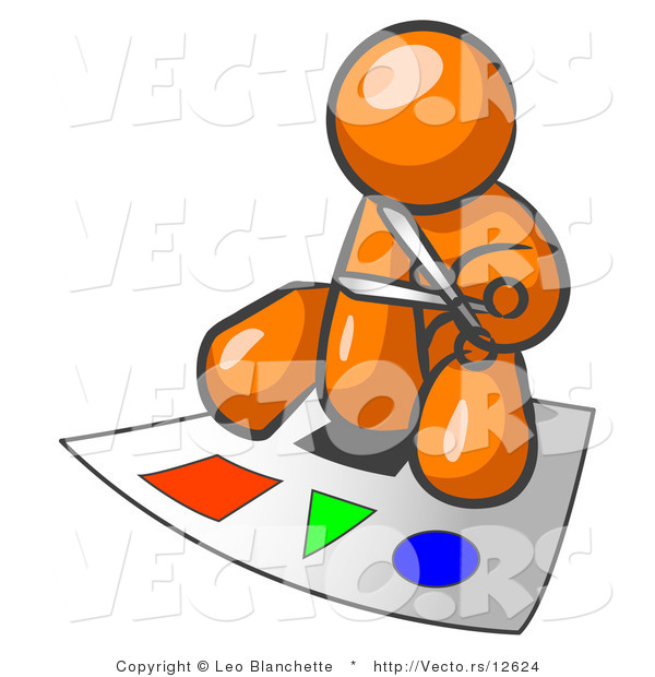 Vector of Orange Guy Holding Pair of Scissors and Sitting on a Large Poster Board with Colorful Shapes